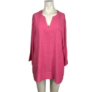 LANDS' END - WOMEN'S LARGE - PINK LONG SLEEVE V NECK LINEN BLEND TOP SHIRT